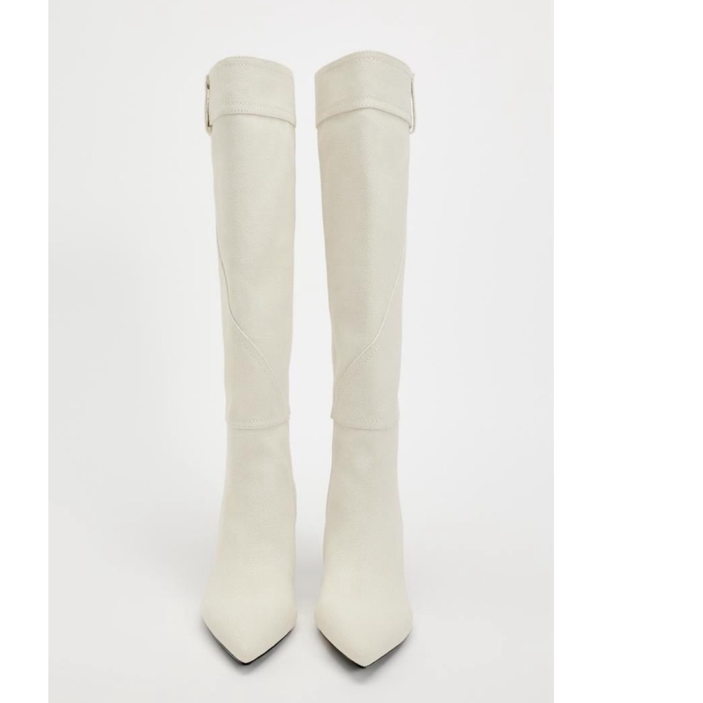 Zara Knee High Denim Boots Womens Size 9 EU 40 White Stiletto Pointed Toe - Picture 2 of 14